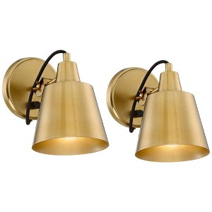 Possini Euro Design Modern Wall Light Sconces Set of 2 Warm Brass Hardwired 5 3/4" Fixture Swivel Up Down for Bedroom Bathroom Reading Living Room - 1 of 4