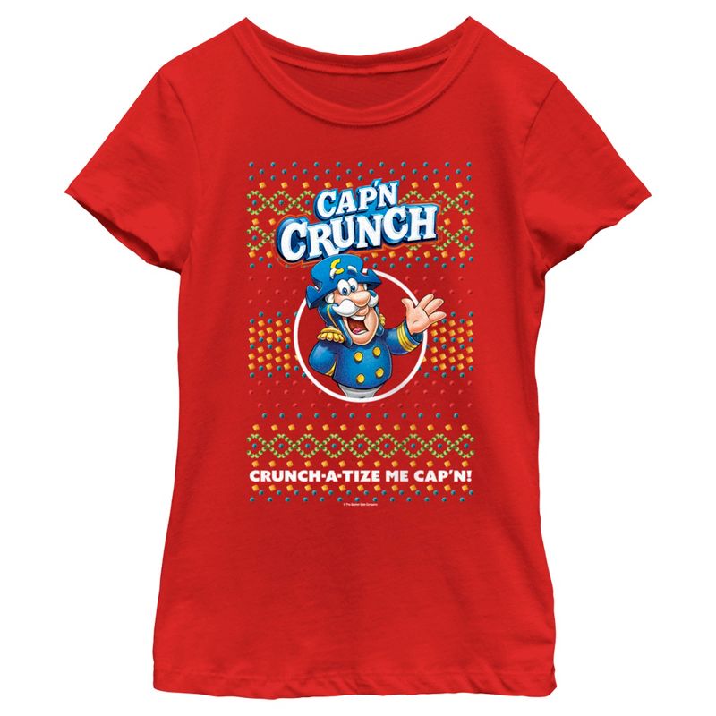 Girl's Cap'n Crunch Christmas Sweater Print T-Shirt, 1 of 6