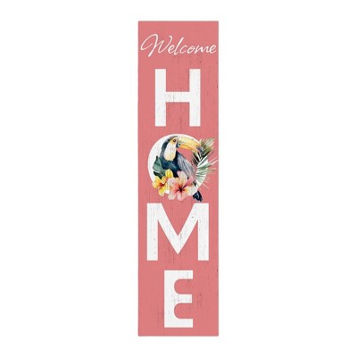 HomeRoots 36" Pink And White Solid Wood Tropical Floral Welcome Home Porch Sign