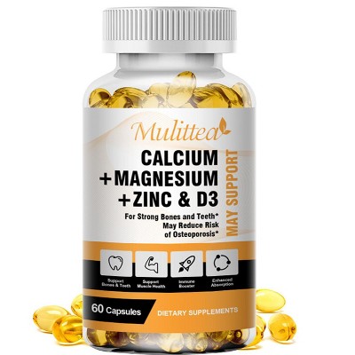 Mulittea Calcium Magnesium Zinc Capsules with Vitamind3 for Strong Bones & Teeth | Heart & Immune Support, 60 Count