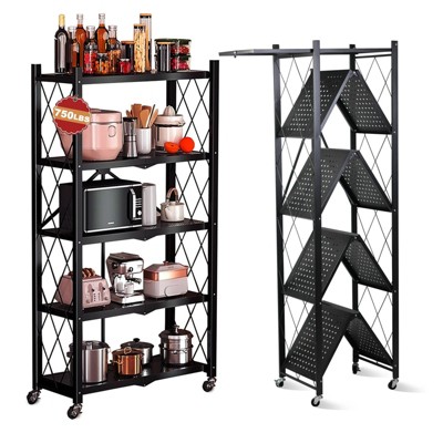 SKONYON 5-Tier Foldable Metal Shelving Unit with Wheels - Black