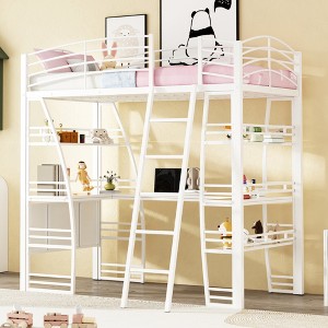 Whisen Stylish Design Full Size Metal Frame Loft Bed with Shelves and L-shaped Desk - 1 of 4