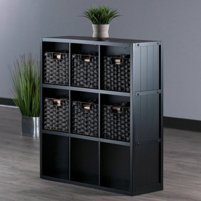 Modernistic Black 3x3 Storage Shelf with Foldable Chocolate Baskets