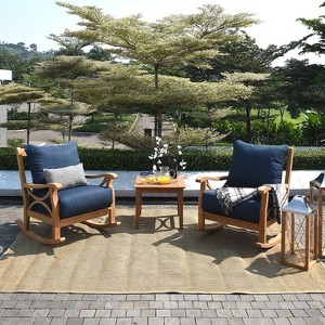 Cambridge Casual 3pc Abbington Teak Wood Outdoor Patio Small Spaces Conversation Rocker Set with Navy Blue Cushions - 1 of 4