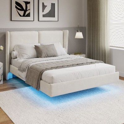 CAVINAS Full Size Bed Frame, Modern Velvet Fabric Floating Bed Frame with LED Lights, Wingback Upholstered Bed