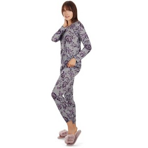 Memoi Women's 2 Piece Purple Blossom Long Sleeve and Tapered Pant Pajama Set Purple S - 1 of 4
