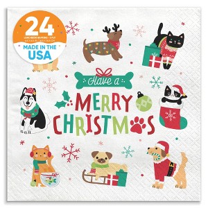 Big Dot of Happiness Christmas Pets Party Napkins, Cats and Dogs Holiday Party Decor, Holiday Pets, White 3-Ply Paper Luncheon Dinner Napkins - 24 Ct - 1 of 4