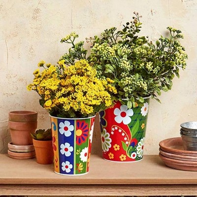 Set of 2 Colorful Talavera-Inspired Metal Planters
