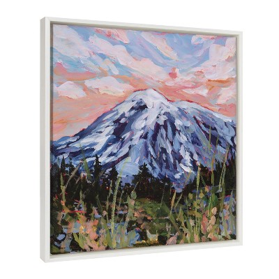 Mount Rainier Colorful Landscape Canvas Print with White Frame, 22x22
