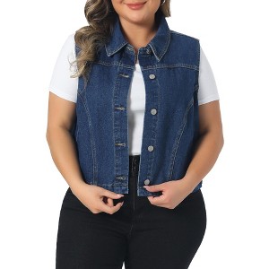 Women's Plus Size Collared Neck Sleeveless Button Down Cropped Jean Denim Vests with Pockets - Agnes Orinda - 1 of 4