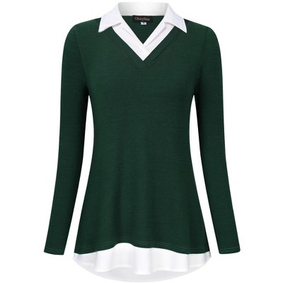 Women's Long Sleeve V Neck Contrast Collared Shirts Patchwork Work Blouse Tunics Tops