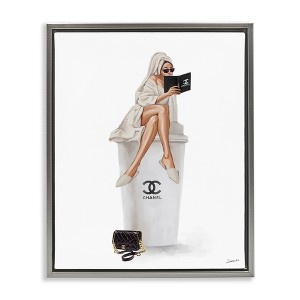 Stupell Industries Fashion Brand Emblem Coffee Cup Woman Black Floater Framed Canvas Wall Art - 1 of 4