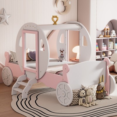 YONWAY Twin Size Princess Bed Frame for Girls, Wooden Princess Carriage Bed with Crown, Kids Twin Bed Frames for Girls Boys with Stair