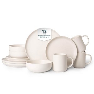 FONTOI 12-Piece Stoneware Dinner Sets with Mugs, Stackable Bowls Sets for 3, Dinner Plates Sets for Home, Kitchen, White, 10"*0.7"*10" - 1 of 4