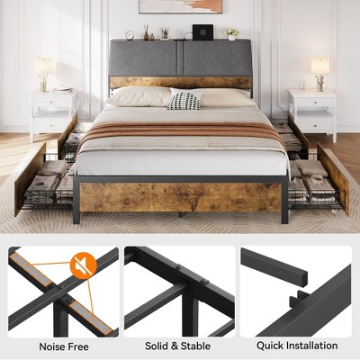 Full Bed Frame with Ergonomic Headboard and Built-in Charging Station, Full Size Bed with Metal Support Slats