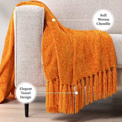 Orange Chenille Knitted Throw Blanket with Tassel Fringe