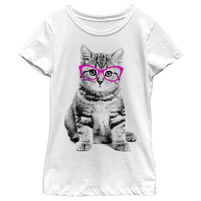 Girl's Lost Gods Fluffy Kitten In Pink Glasses T-shirt - White - Medium ...
