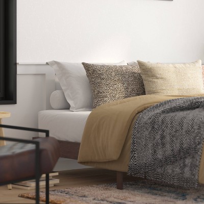 King Walnut Wooden Platform Bed with Slats and Headboard