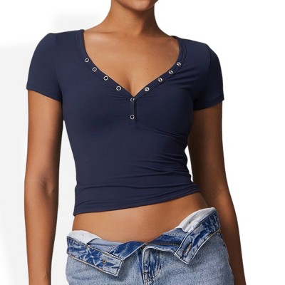 Anna-Kaci Women's Short Sleeve V-Neck Top with Grommet Details and Slim Fit
