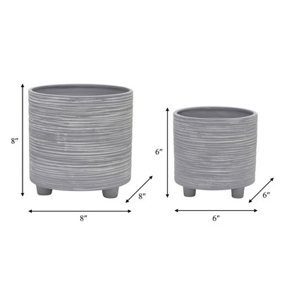 Gray Ceramic Footed Planter Set with Line Pattern, 8"