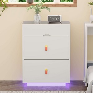ORRD 30'' 3-Drawer LED Nightstand - White Glass top, jewelry storage, faux leather handles. For bedroom, living room, cloakroom. - 1 of 4