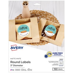 Avery Printable Round Labels with Sure Feed, 3" Diameter, Matte White, Permanent Adhesive, Laser & Inkjet Printers, 150 Blank Labels (5655) - 1 of 4