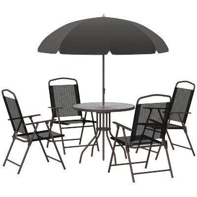 42.5'' 6 Piece Patio Dining Set for 4 with Umbrella, Outdoor Table and Chairs with 4 Folding Dining Chairs & Round Glass Table