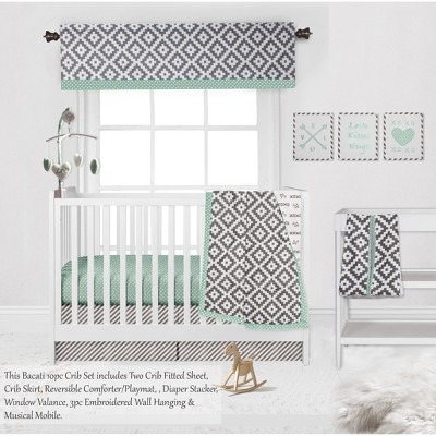 Bacati - Love  Gray Mint 10 pc Crib Bedding Set with 2 Crib Fitted Sheets