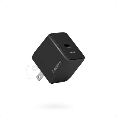 iHome 30W GaN Universal Charger, USB-C Block, Compact with Power Delivery & Folding Prongs, Travel-Friendly (Black)