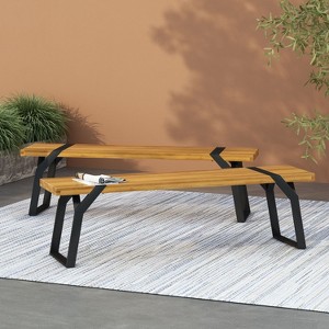Set of 2 Zora Outside Wood Bench with Metal Frame and Legs-Christopher Knight Home - 1 of 4