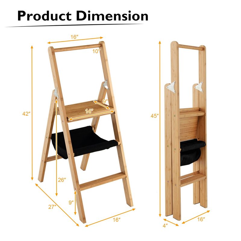 Costway 3 Step Ladder Foldable Bamboo Step Stool 330Lbs Capacity with Tool Storage Bag, 2 of 11