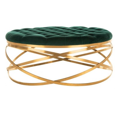 Rumi Tufted Velvet Ottoman - Emerald/Gold - Safavieh