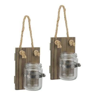 Set of 2 5.5" x 3.3" Rustic Natural Wood Mason Jar Wall Sconce Set Brown - Stonebriar Collection
