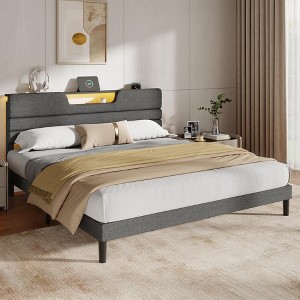 King Size Bed Frames with Upholstered Headboard Bed with Charging Station and Led Lights Bed Frame with Sturdy Wooden Slats/2-Tier Storage Grey - 1 of 4
