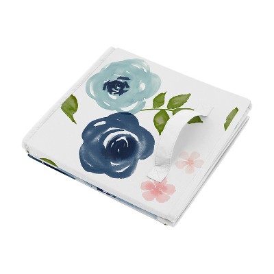 Blue and Pink Floral Fabric Storage Toy Bin with Lid
