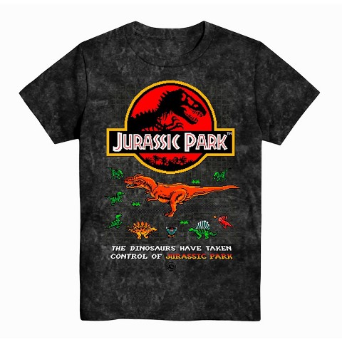 Jurassic Park Boys Jurassic Park Dinosaur T-Shirt - Juassic World Classic Movie - 8Bit Dinosaur T-Rex Rawr Tie Dye Shirt (Black Wash, X-Large)