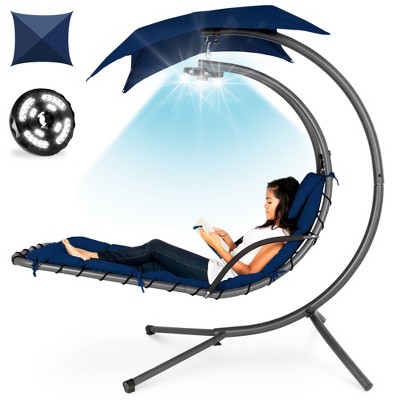 Navy Blue Hanging LED-Lit Curved Chaise Lounge Chair with Canopy