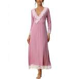 cheibear Women's Soft Lace Trim V Neck Long Sleeve Rayon Midi Nightgowns