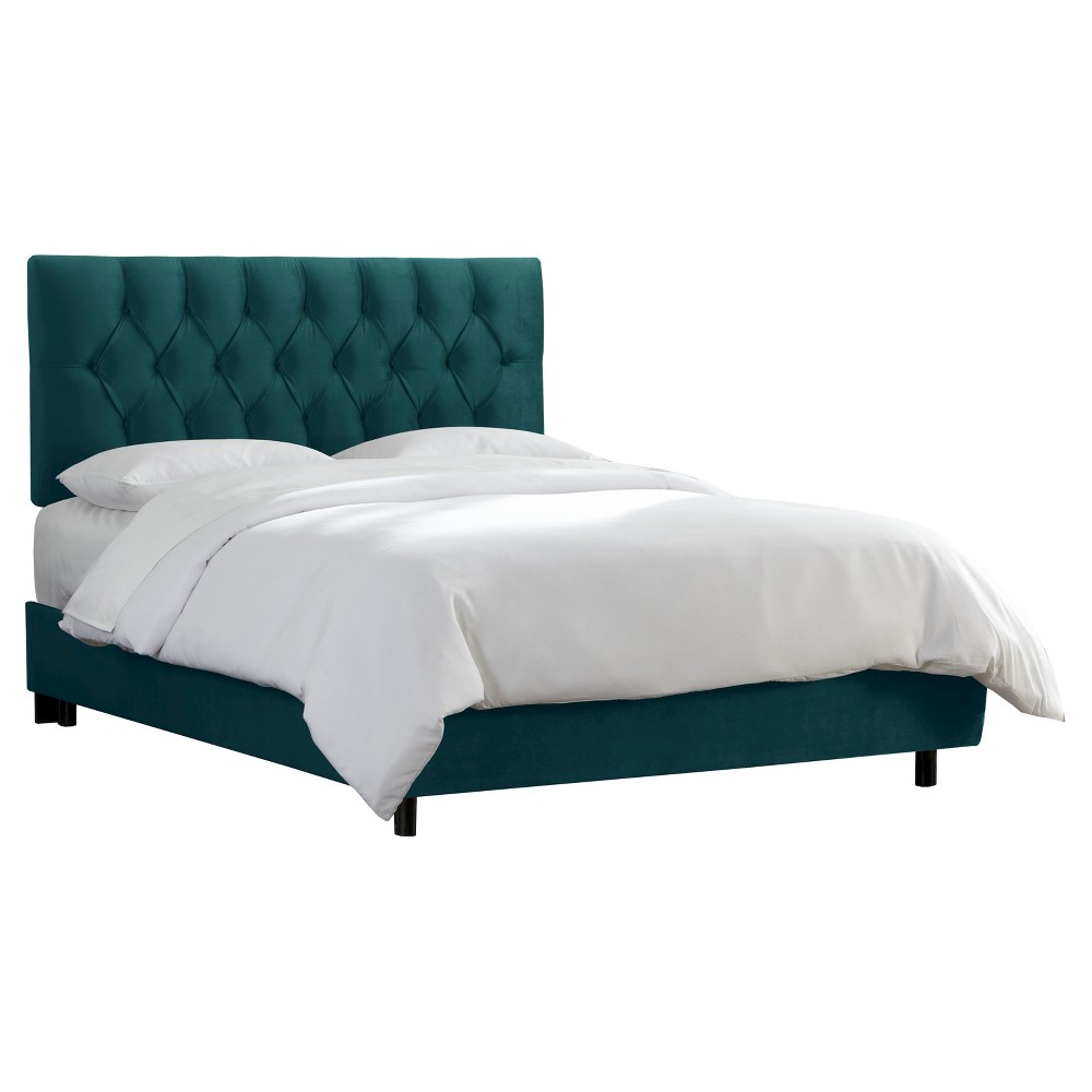 Skyline Furniture California King Edwardian Tufted Bed Velvet Mystere Peacock: Handcrafted, Pine Frame, Polyester Fiber