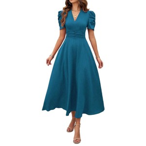 BLUEMING Womens Casual Maxi Dresses Puff Sleeve V Neck Flowy Vacation High Waist Boho Pleated Dresses - 1 of 4