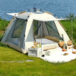 Racxily 2-3 Person Family Camping Tent with Awning - Quick to Set Up, Windproof, with Mosquito Screen and UV Protection, Durable Oxford Fabric, Beige - 1 of 4
