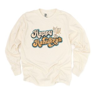 Simply Sage Market Women's Retro Happy Hanukkah Distressed Long Sleeve Garment Dyed Tee - 1 of 4