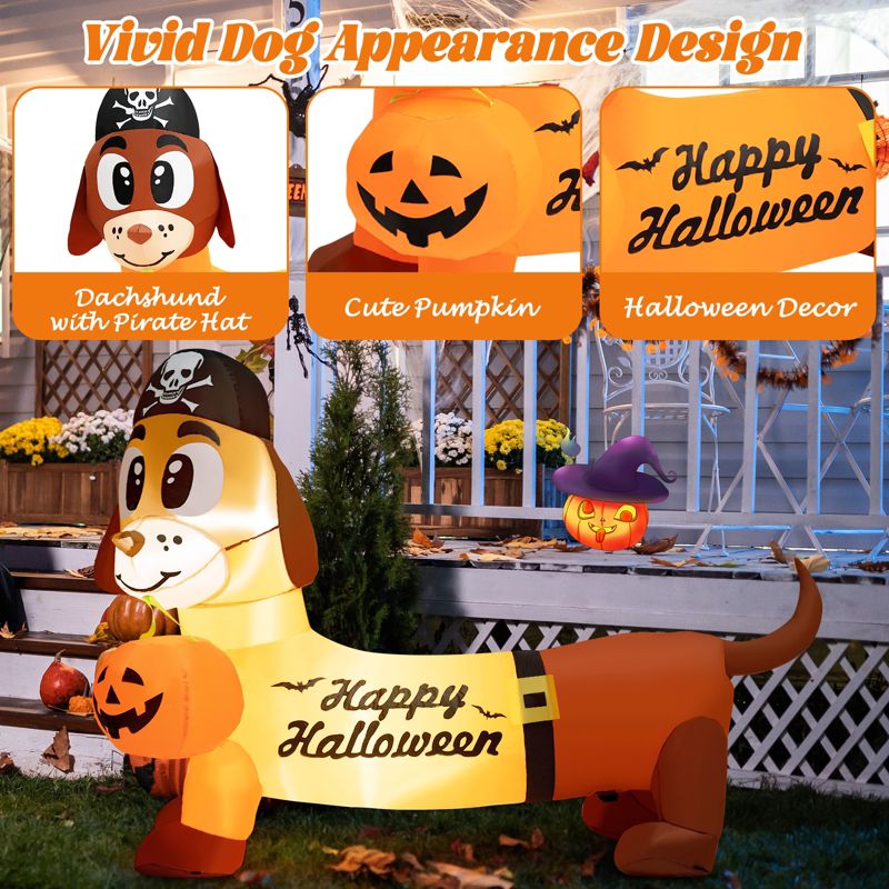 Tangkula 5.5 FT Long Halloween Inflatable Decoration Blow Up Dachshund Wiener Dog w/ Pirate Hat & Pumpkin Built-in LED Lights, 3 of 10