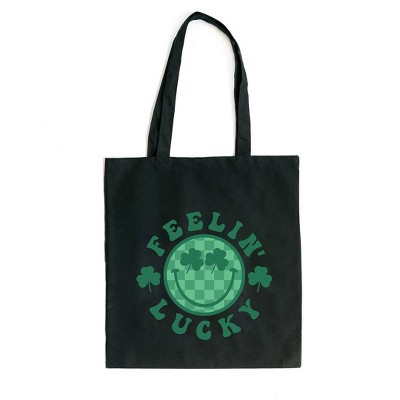 City Creek Prints Feelin Lucky Checkered Smiley Face Canvas Tote Bag - 15x16 - Black