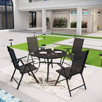 Captiva Designs 5pc Outdoor Dining Set with 7-Position Adjustable Folding Chairs & Round Metal Table with Umbrella Hole