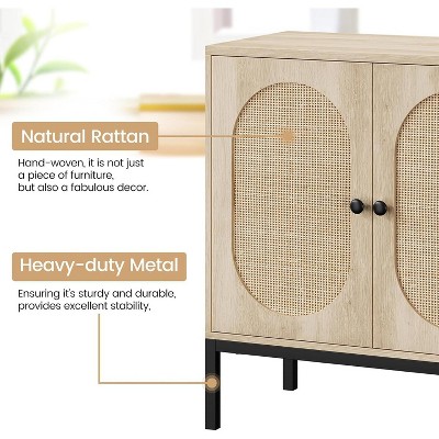Close-up of rattan panel and label "Natural Rattan" and "Heavy-duty Metal" with pointers