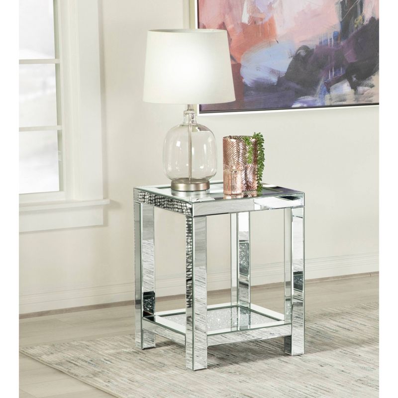Mozzi Mirrored End Table with Glass Top and Acrylic Crystals Silver - Coaster, 3 of 6
