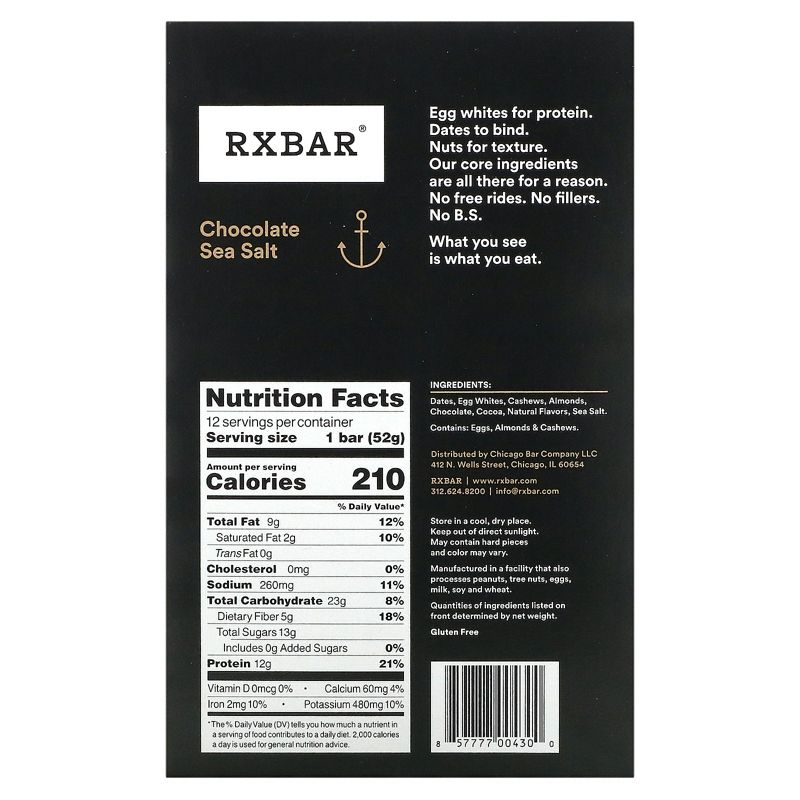 RXBAR Protein Bar, Chocolate Sea Salt, 12 Bars, 1.83 oz (52 g) Each, 2 of 4
