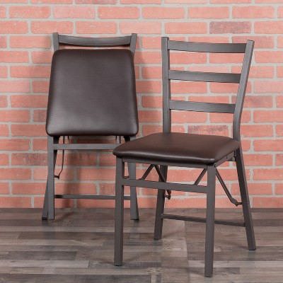 Brown Vinyl and Metal Folding Ladder Back Reception Chair Set