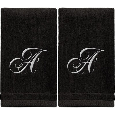 Creative Scents Black Fingertip Monogrammed Towels White Embroidered